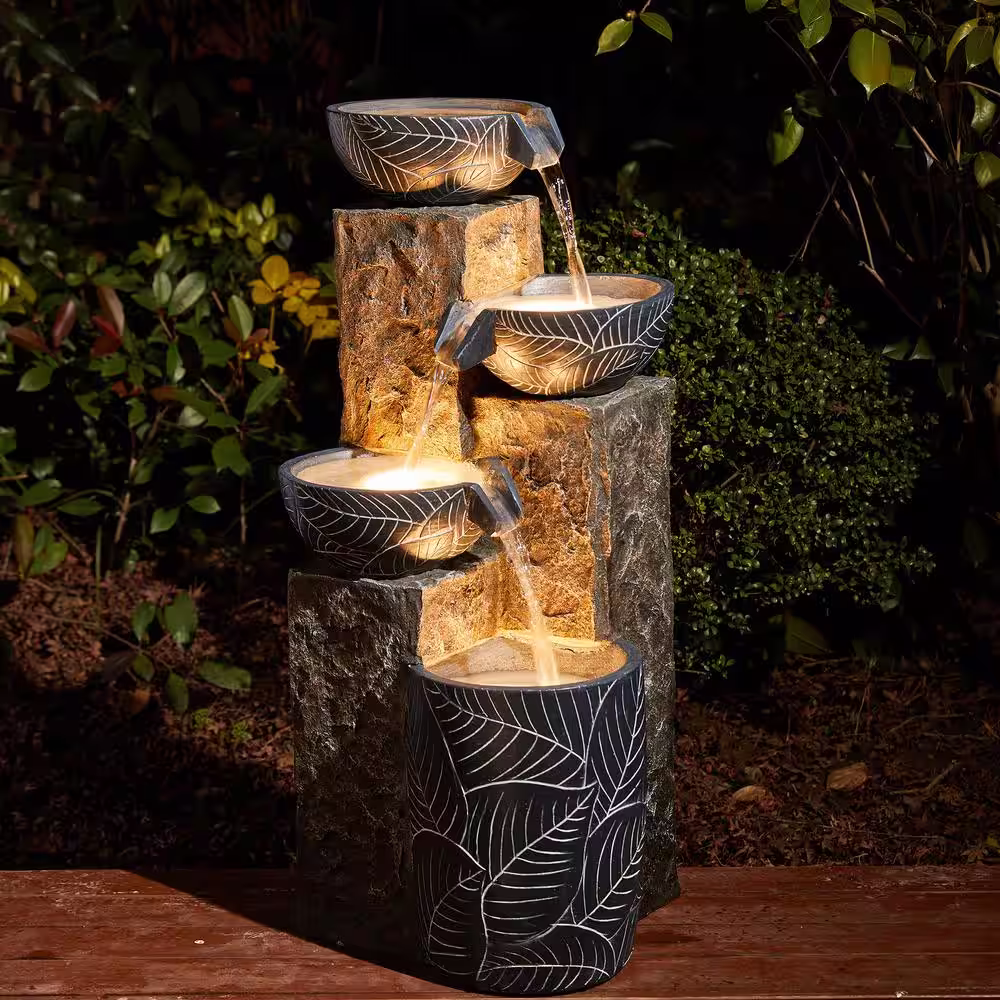 Glitzhome 32.75 in. H Natural Leaf Textured 4-Tier Resin Outdoor Fountain with Pump and Light (KD)
