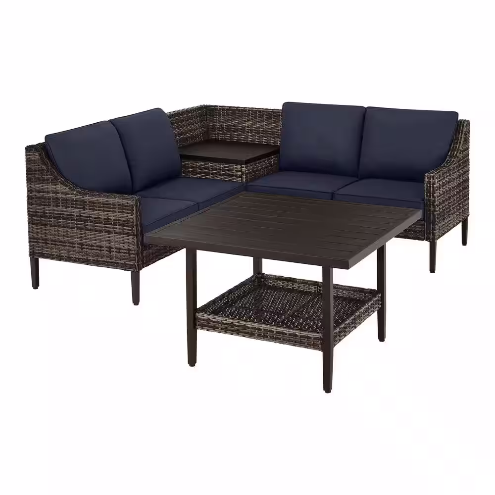 Hampton Bay Prestley Park 4-Piece Steel Patio Conversation Sectional Set with CushionGuard Midnight Navy Blue Cushions