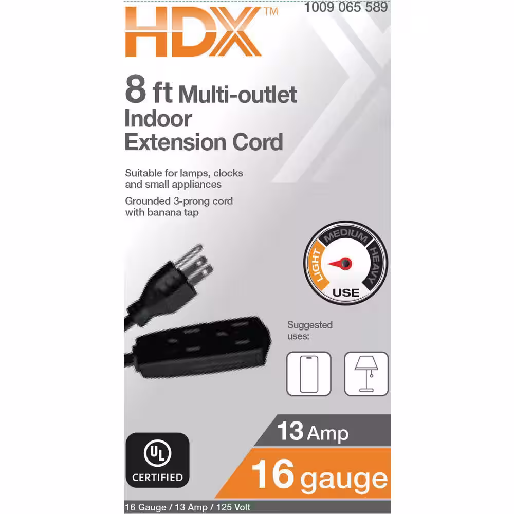 HDX 8 ft. 16/3 Light Duty Indoor Black Extension Cord with Banana Tap
