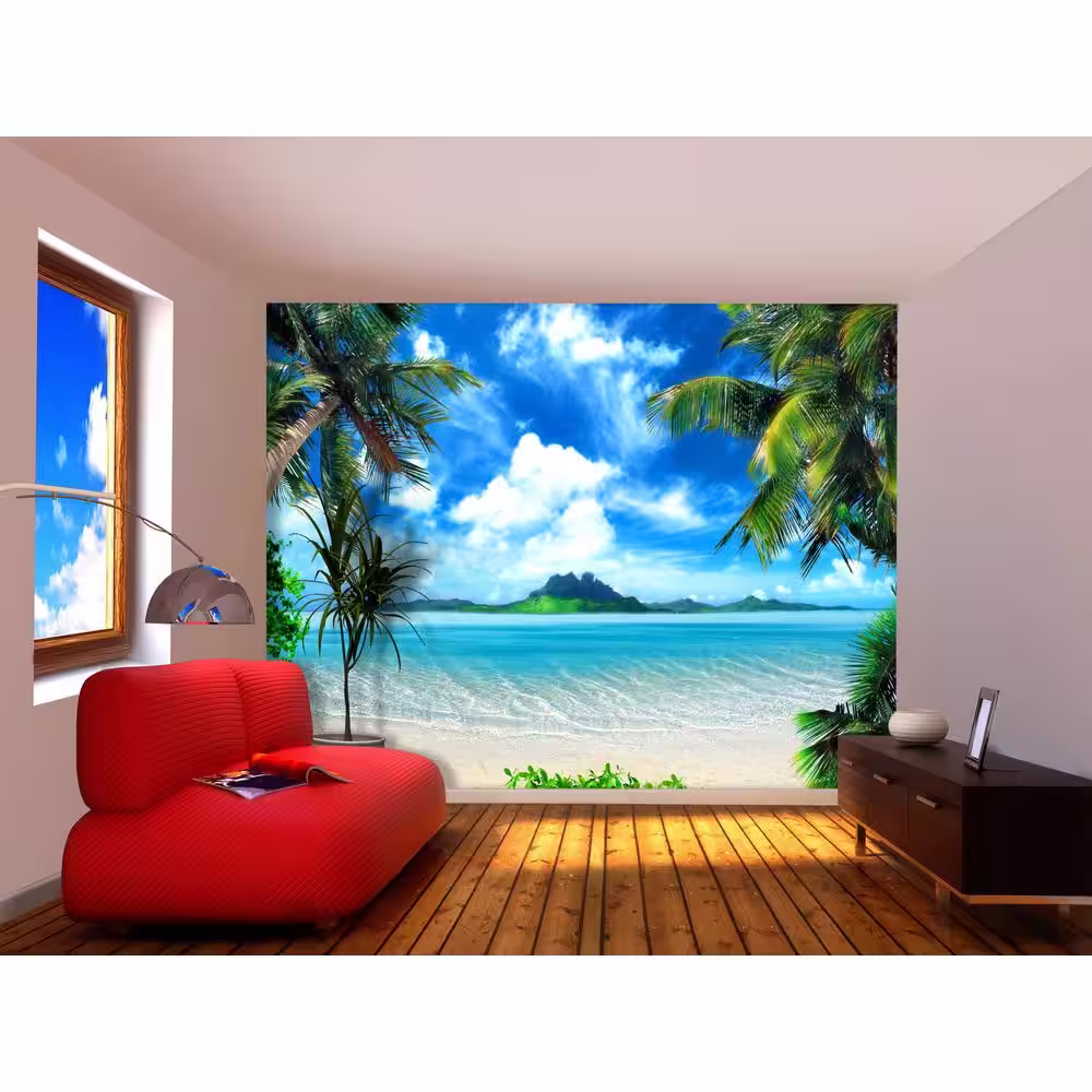 Dundee Deco Tropical Beach Turquoise Ocean Green Island Palm Trees Non-Woven Wall Mural