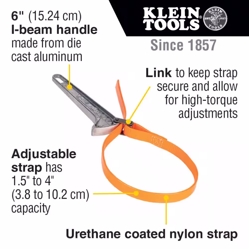 Klein Tools 1-1/2 in. to 4 in., 6 in. Grip-It Strap Wrench, Handle