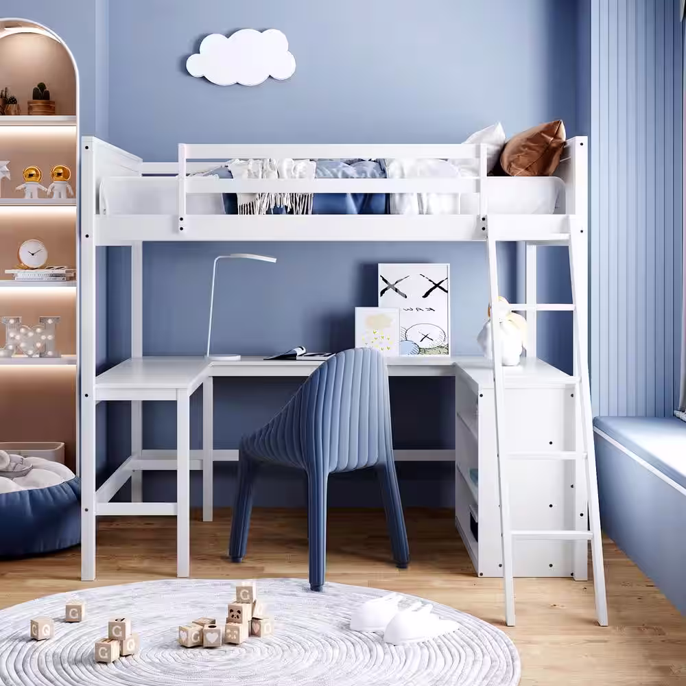 None Full Size Loft Bed with Desk and Storage Shelves Bookcase, Wood High Loft Bed Frame for Dorm, Kids Teens Adults, White
