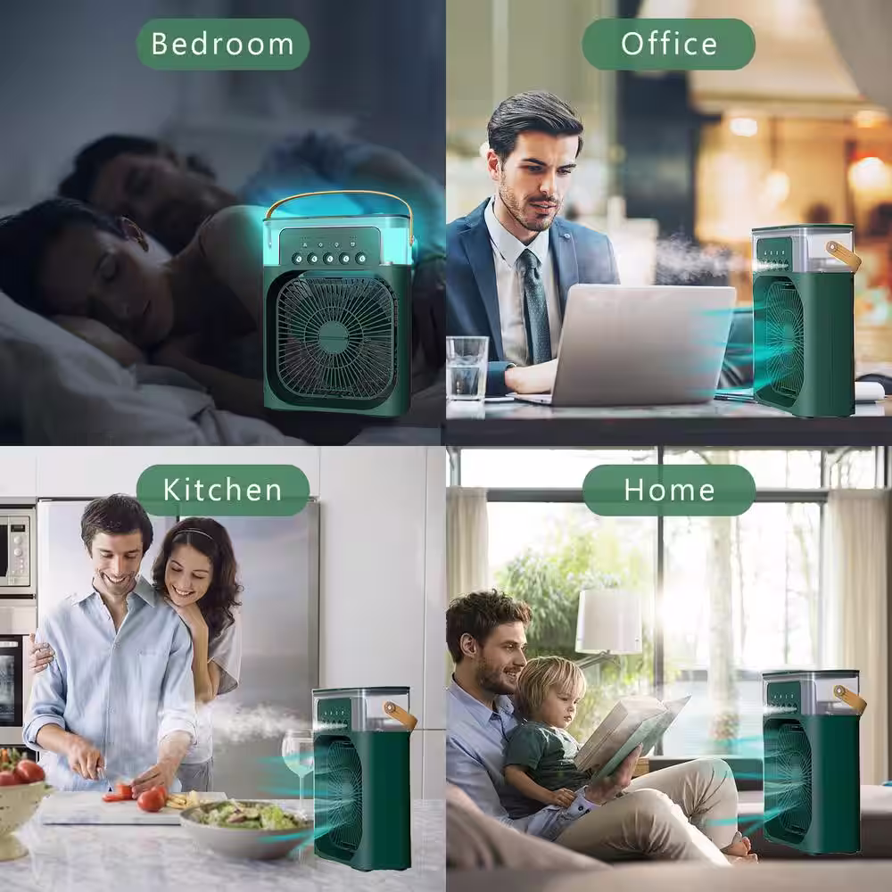 Amucolo 3-Speeds Portable Mini Desk Fan Air Conditioner Fan in Green with 7 Color Lights 5 Jets and Timer
