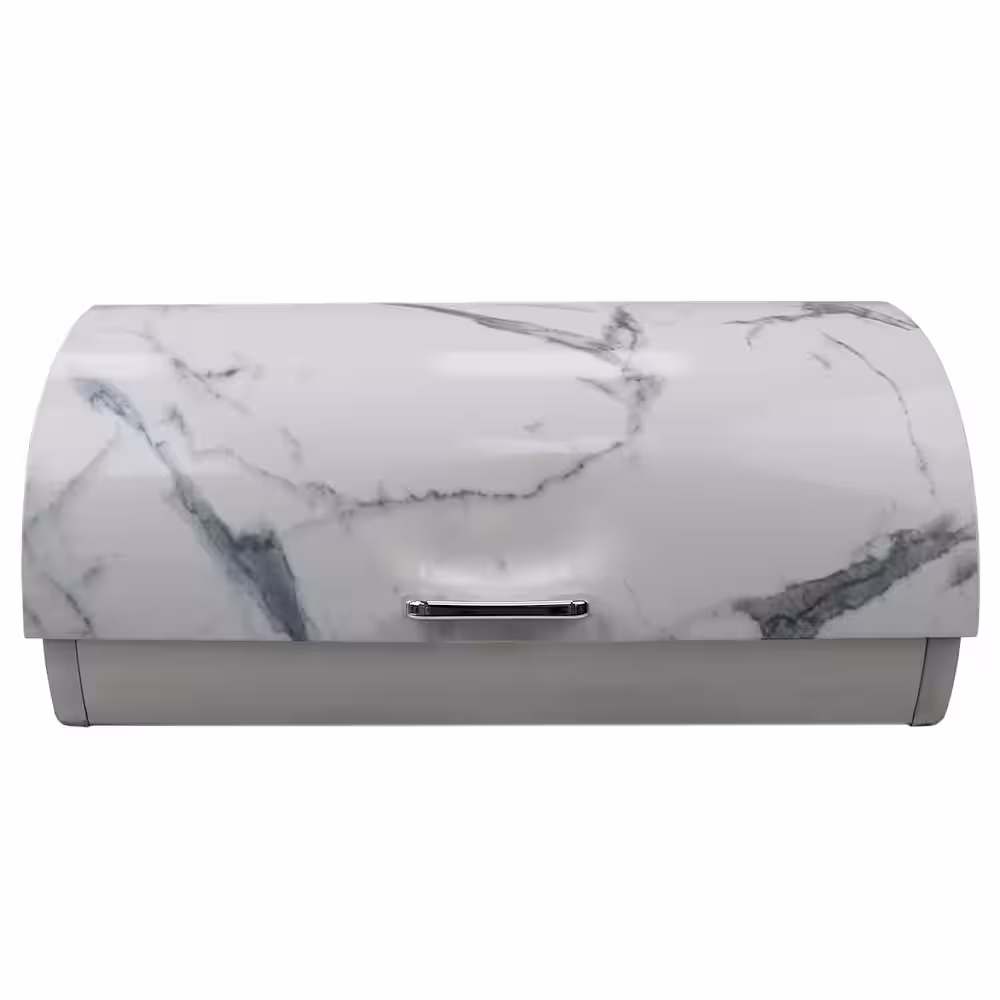 Home Basics White Marble Like Roll Top Lid Steel Bread Box