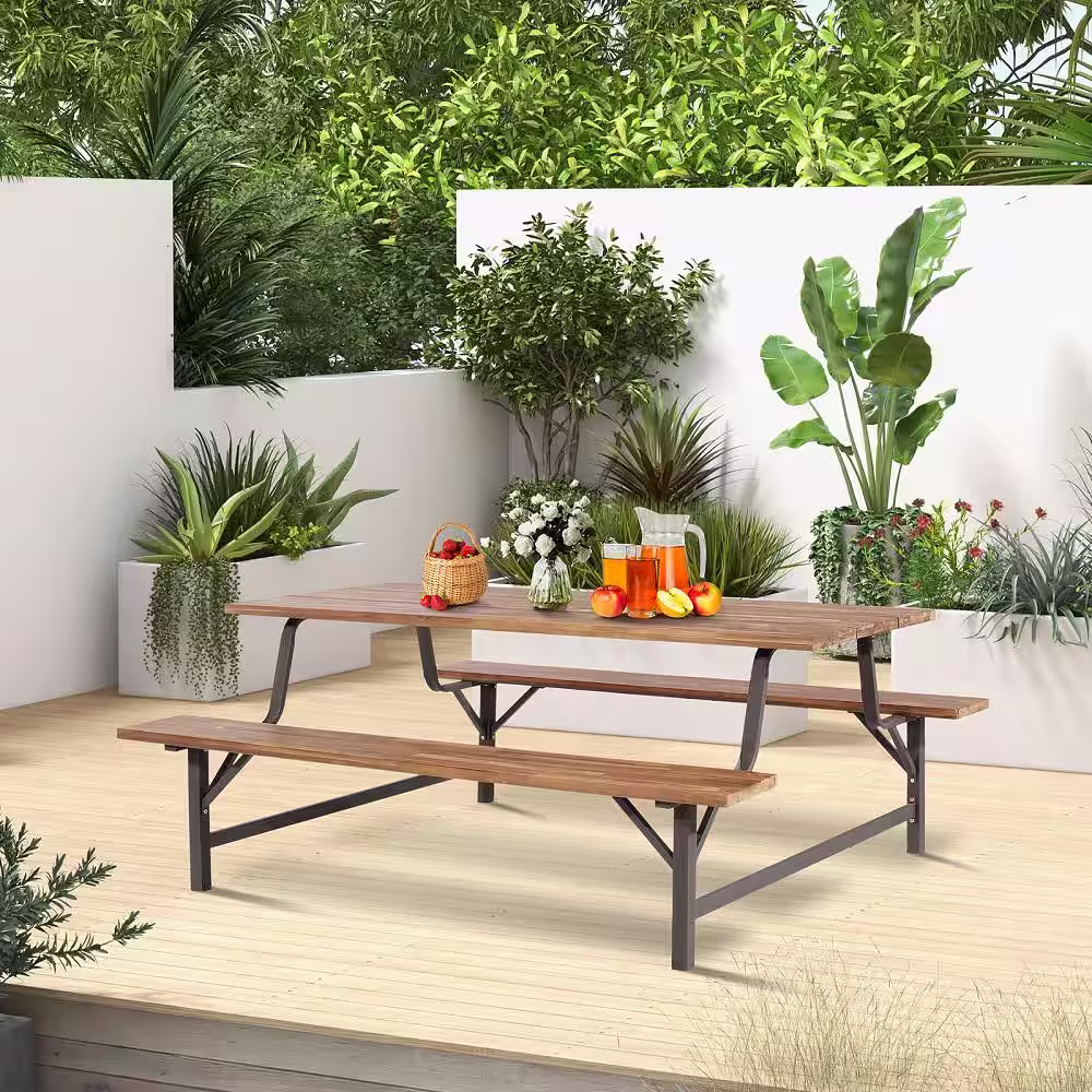 HONEY JOY 71 in. Wood Outdoor Picnic Table Bench Set Camping Table Set with Wood Tabletop and Seat 2 in. Umbrella Hole