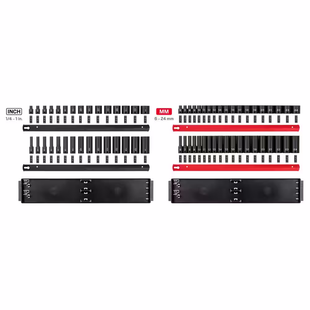 TEKTON 3/8 in. Drive 12-Point Impact Socket Set with Rails (1/4-1 in., 6 mm-24 mm) (68-Piece)