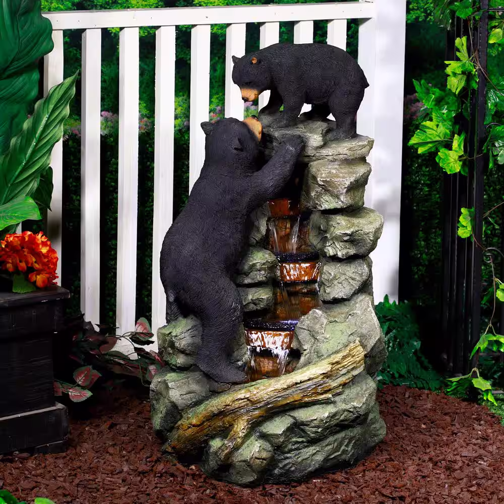 Alpine Corporation 36 in. Tall Outdoor 2 Bears Climbing on Rainforest Water Fountain
