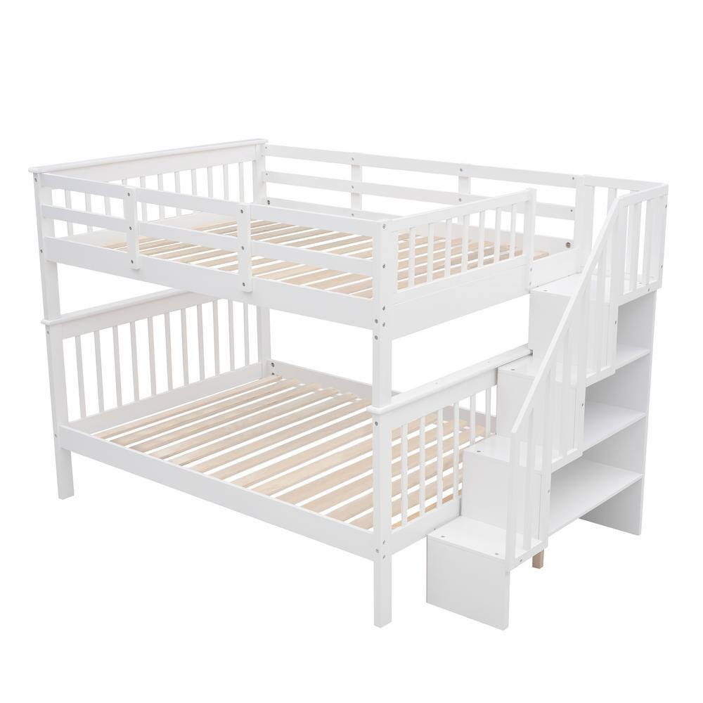 Qualler White Stairway Full Over Full Bunk Bed with Storage and Guard Rail