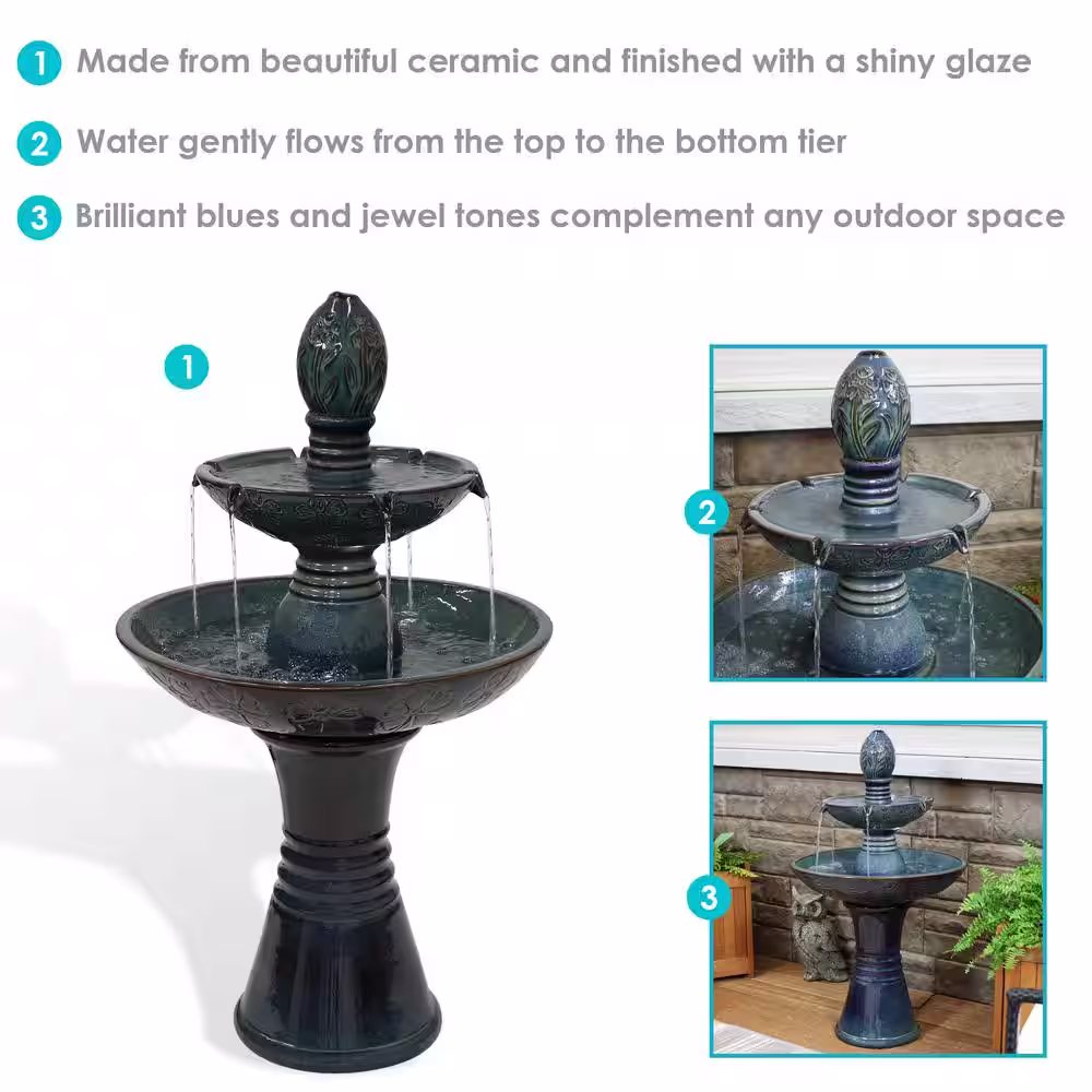 Sunnydaze Decor Double Tier Outdoor Ceramic Water Fountain with LED Lights â?38âInch