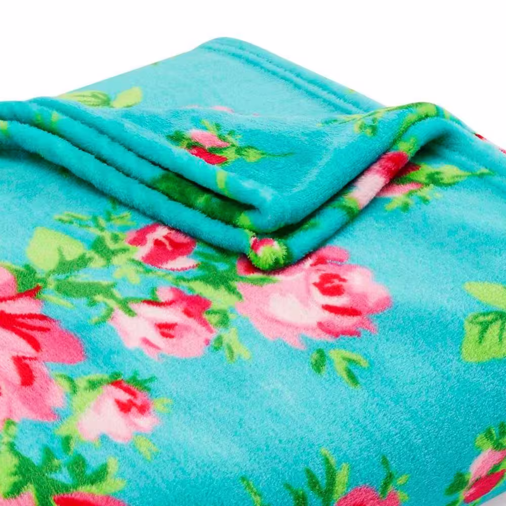 BETSEY JOHNSON Bouquet Day 1-Piece Aqua Blue Ultra Soft Plush Sherpa Throw Blanket