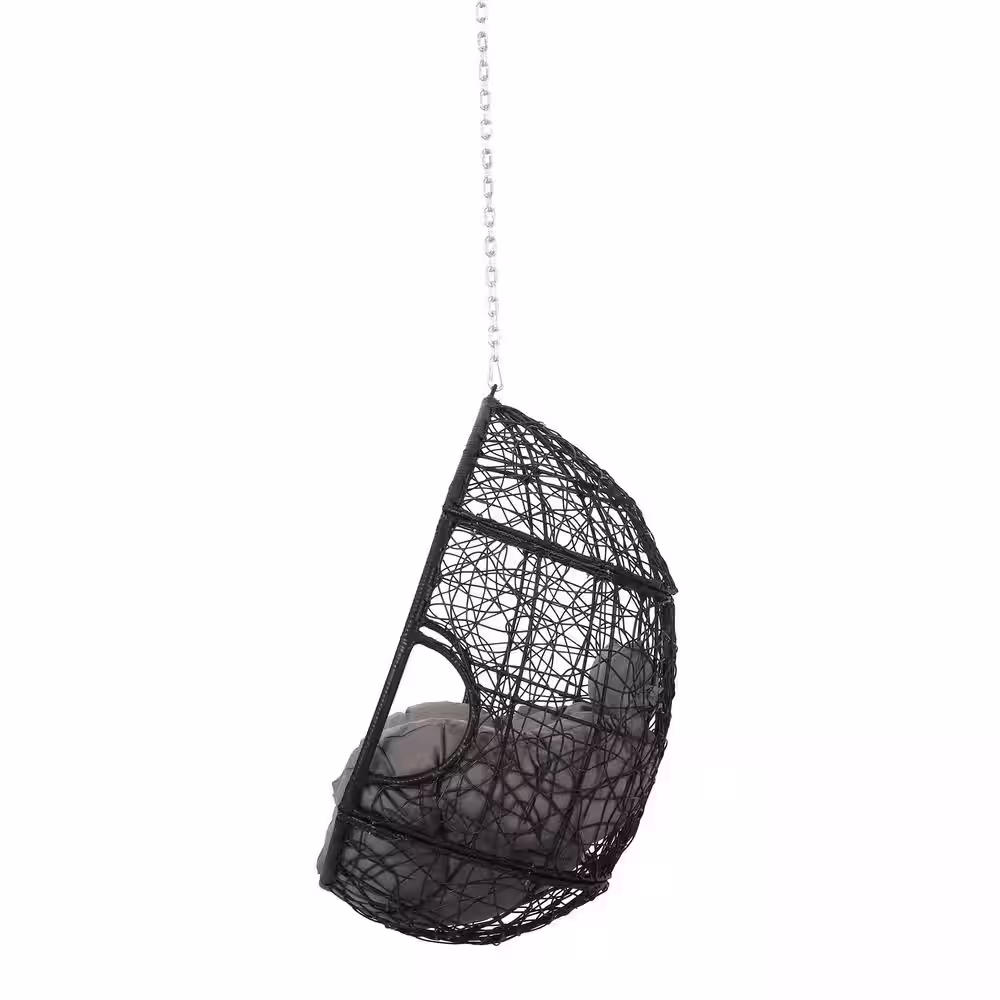 Noble House Autry 46 in. Black Hanging Egg Chair with Gray Cushions (No Stand)