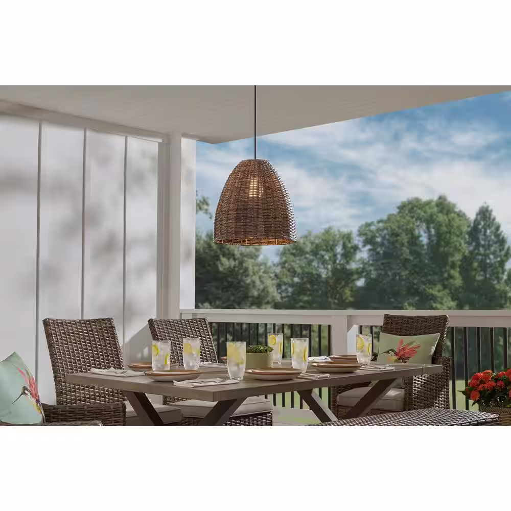 Hampton Bay Olney 1-Light Black Outdoor Pendant Light with Brown Resin Wicker Shade