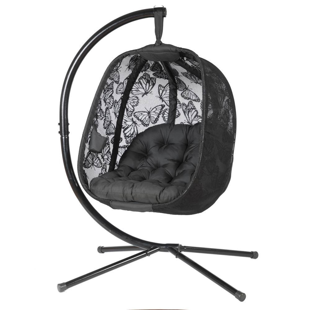 None 43 in. Free Standing Black Butterfly Design Outdoor Patio Hanging Egg Chair Hammock with Cushion and C Type Bracket