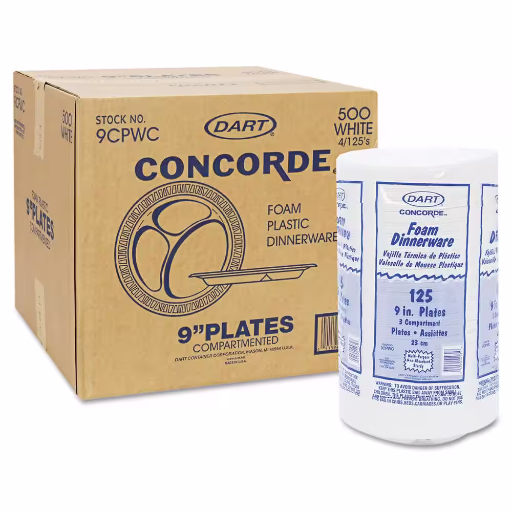 DART Concorde Non-Laminated 3-Compartment Foam Plastic Plates, 9 in. in White, (500 Per Case)
