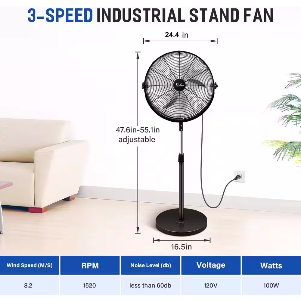 Tidoin 24 in. 3 Fan Speeds Floor Fan in Black with Adjustable Height