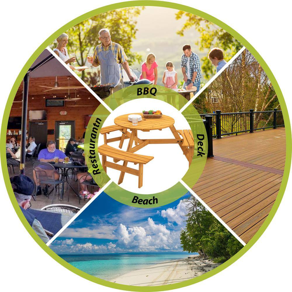 None Light Brown Circular Outdoor Wooden Picnic Table with 3 Built-In Benches for Patio, Backyard, Garden 1720 lbs. Capacity