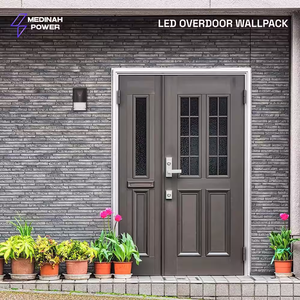 MEDINAH POWER 150-Watt Equivalent Integrated LED Bronze Overdoor Wallpack Light, 4000 Lumens, 5000K Daylight, Dusk-to-Dawn