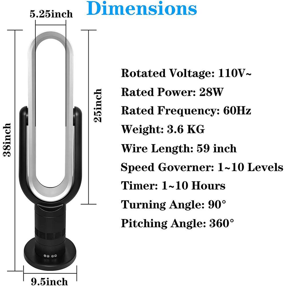 None 38 in. Black Stylish Bladeless Fan Standing Pedestal Tower Fan, 10 Speeds Settings, 10-hour Timing Closure, Low Noise
