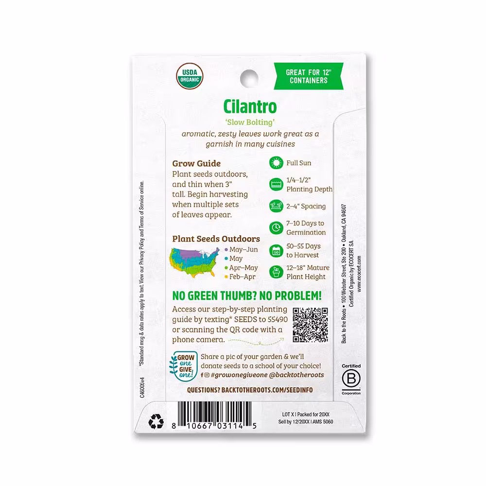 Back to the Roots Organic Cilantro/Coriander, Slow Bolting Cilantro Seed (1-Pack)