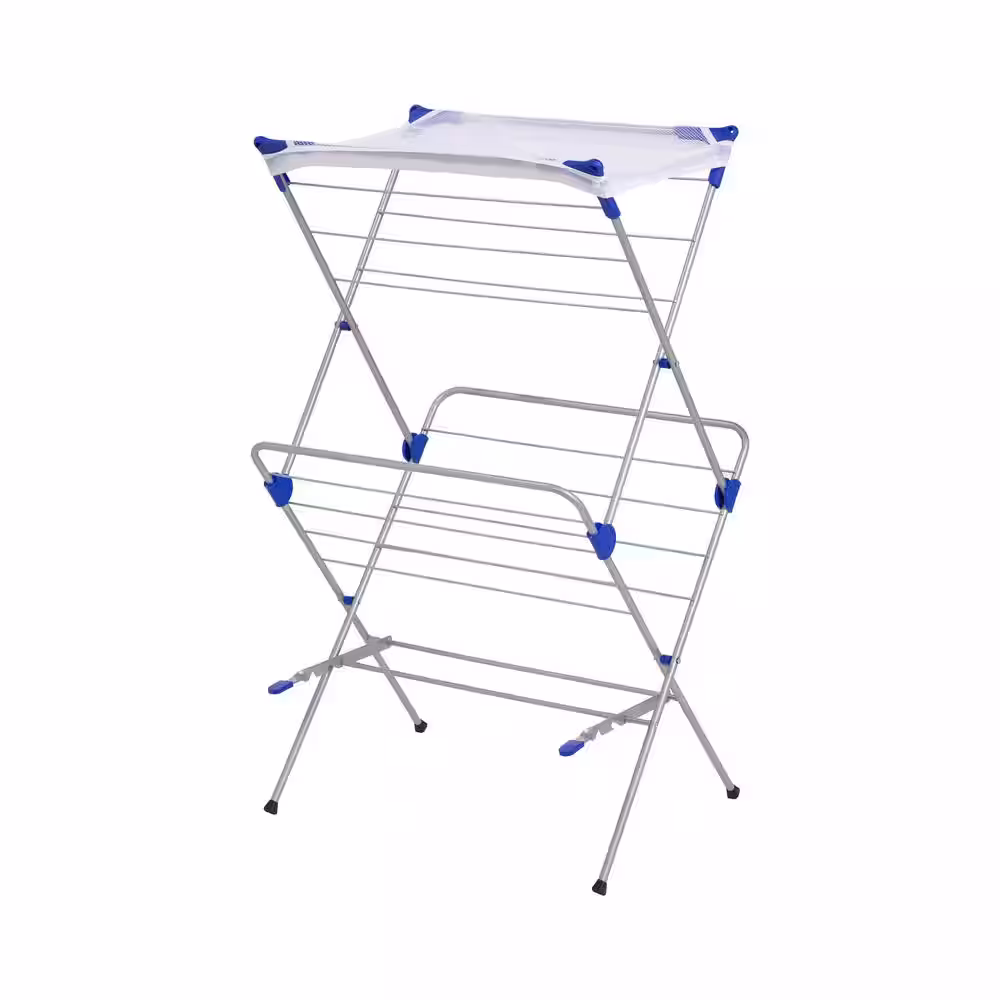 Honey-Can-Do 17 in. W x 41.5 in. H Silver and Blue Steel 2-Tier Mesh Top Drying Rack