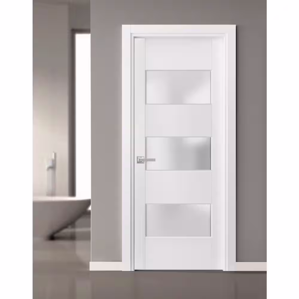 Sartodoors 4070 36 in. x 96 in. Single Panel No Bore Frosted Glass White Finished Pine Wood Interior Door Slab