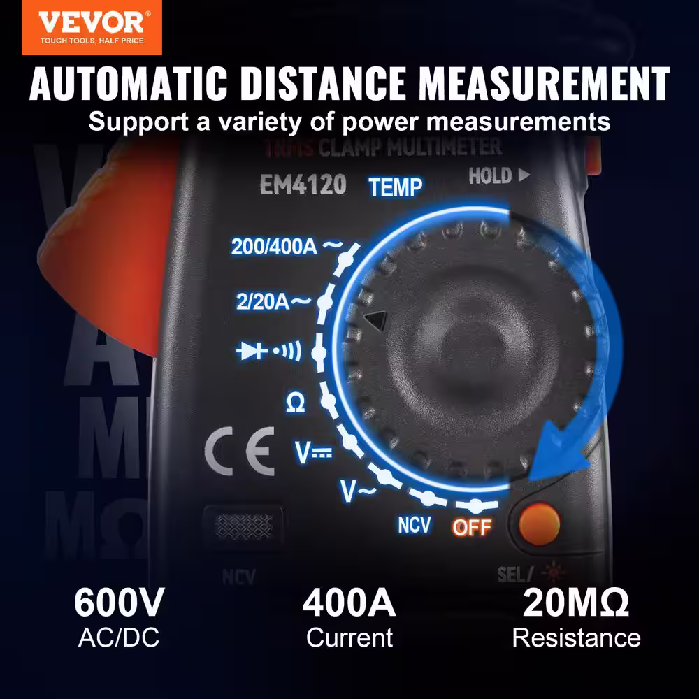 VEVOR 400 Amp Digital Clamp Meter DC/AC Multimeter True RMS Auto Ranging 2000 Max Reading NCV Measurement LED Backlight