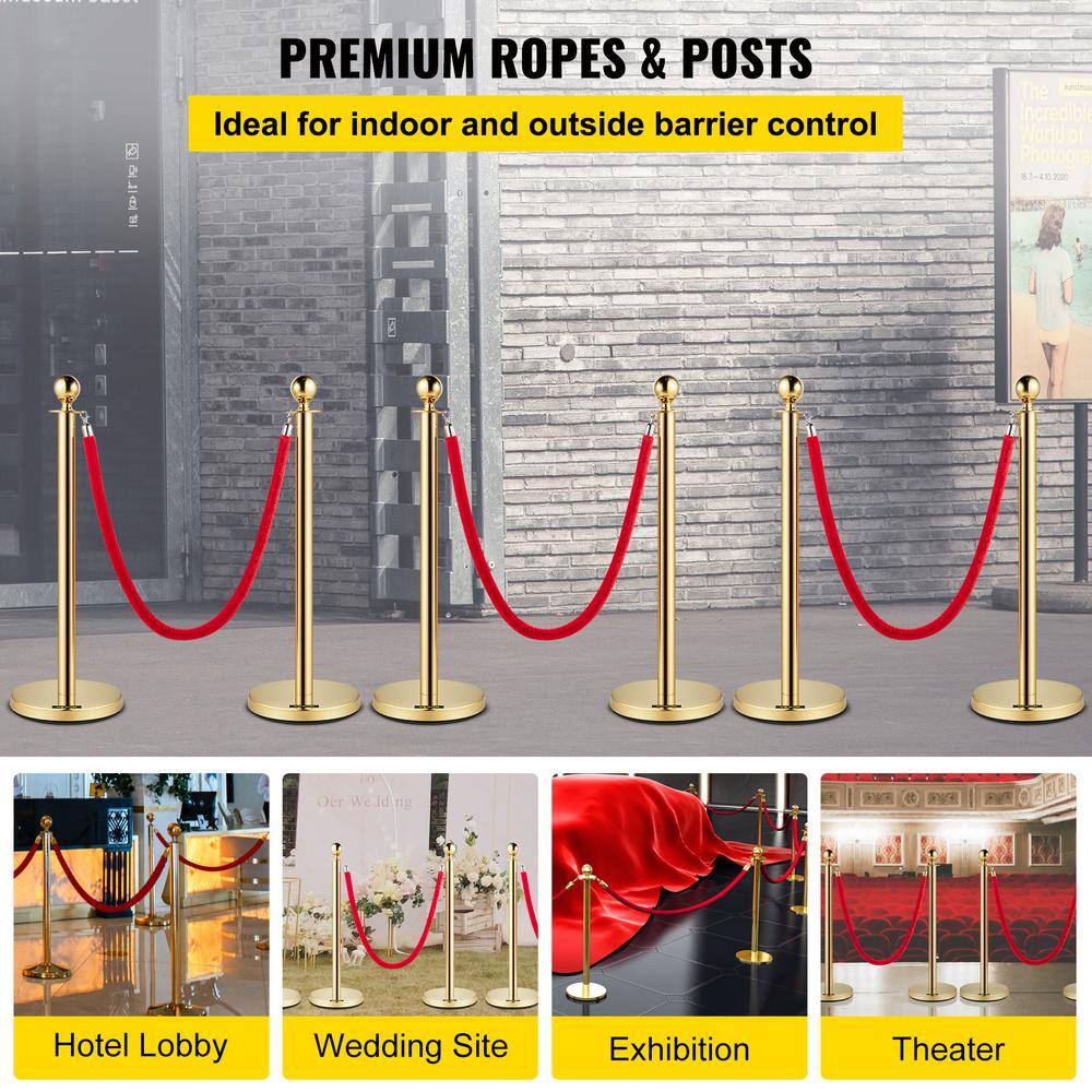 VEVOR Velvet Ropes and Posts 5 ft. Red Rope Stainless Steel Gold Stanchion with Ball Top 6 PCS Crowd Control Barrier