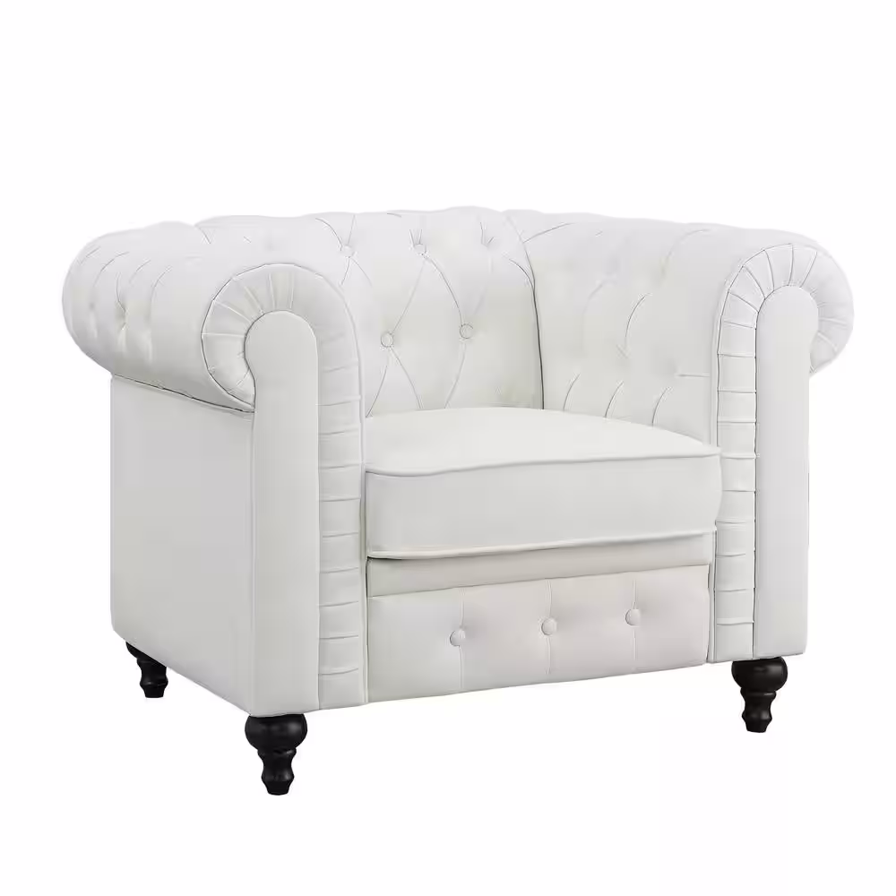HOMESTOCK White Chesterfield Single Sofa Chair for Living Room,Mid Century Chair W/ Rolled Arms,Tufted Cushion, Solid Wooden Legs