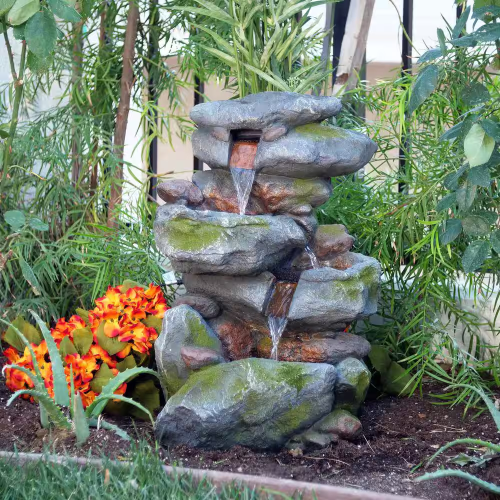 Alpine Corporation 22 in. Tall Outdoor 3-Tier Rock Waterfall Fountain with LED Lights