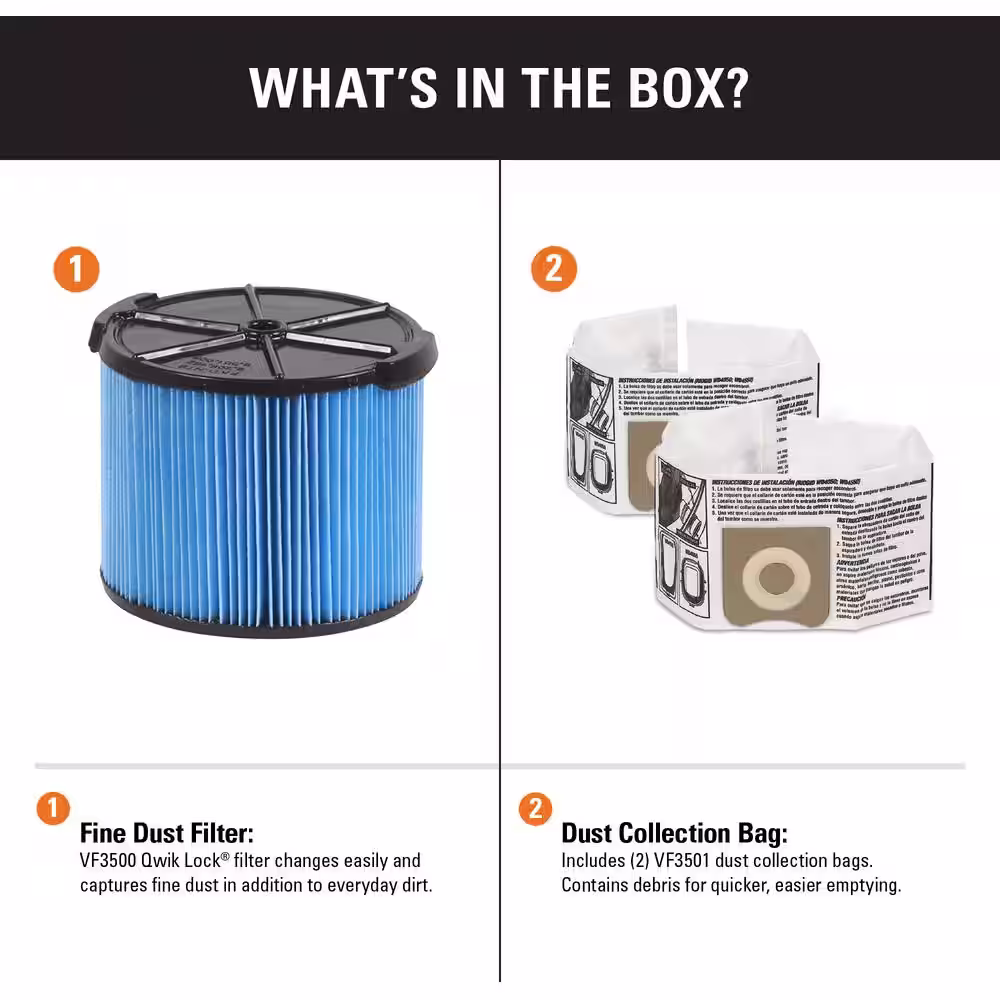 RIDGID Wet/Dry Vac Filter Kit with Fine Dust Cartridge Filter and Two Dust Bags for Most 3 to 4.5 Gallon RIDGID Shop Vacuums