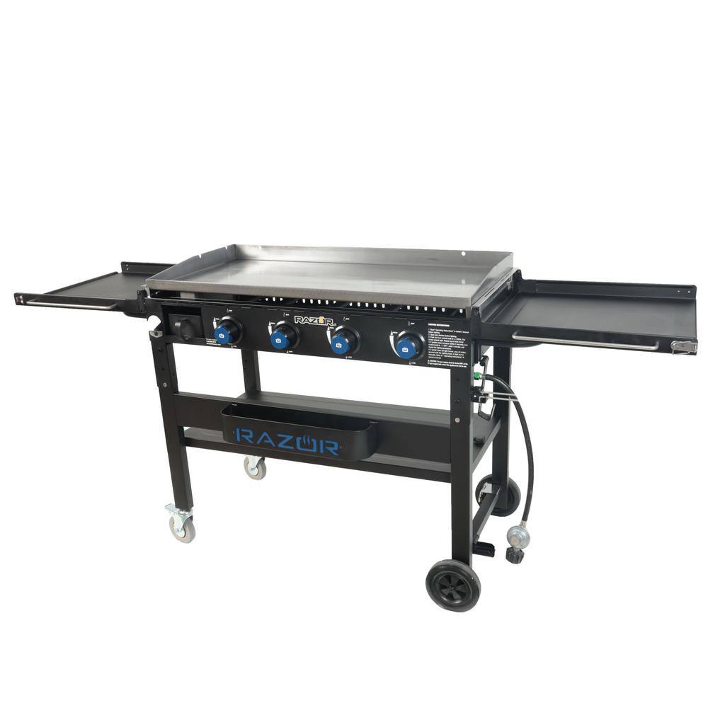 Razor 37 in. 4-Burner Propane Gas Griddle Grill with Foldable Shelves in Black with Condiment Tray and Wind Guards included