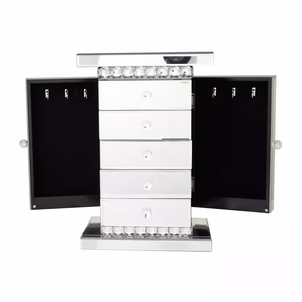Litton Lane Silver Wood Mirrored 5 Drawers Jewelry Box with Crystal Embellishments