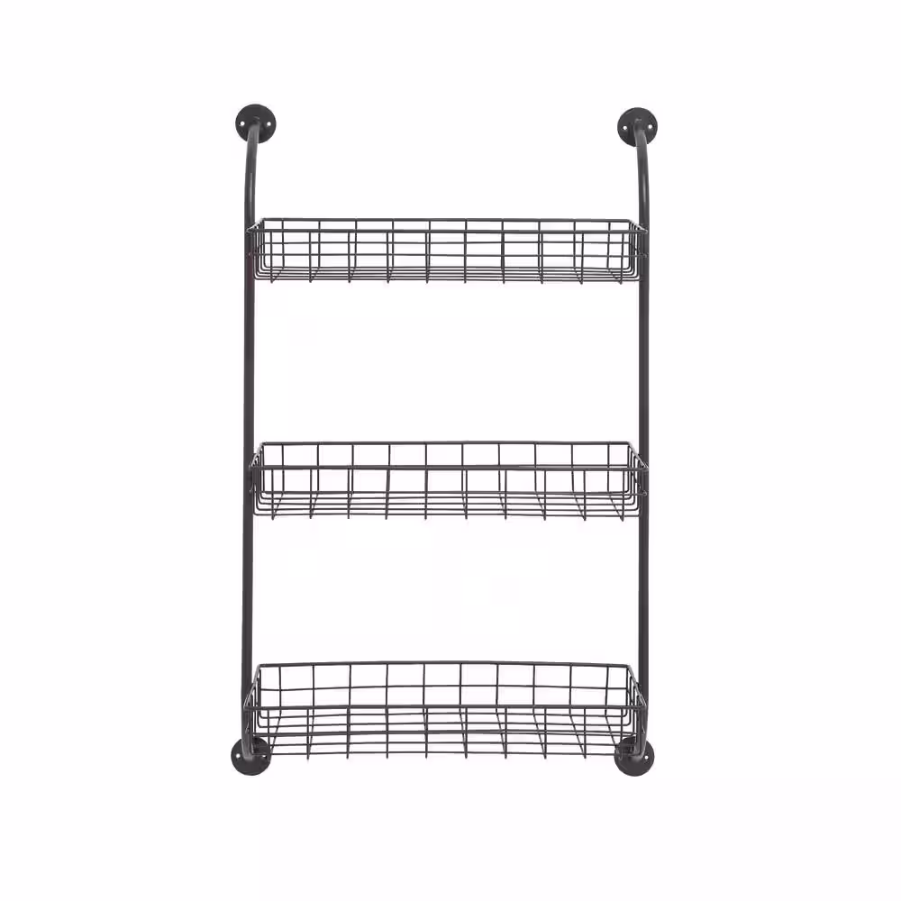 Litton Lane Black 3 Shelves Metal Wall Shelf with Suspended Baskets
