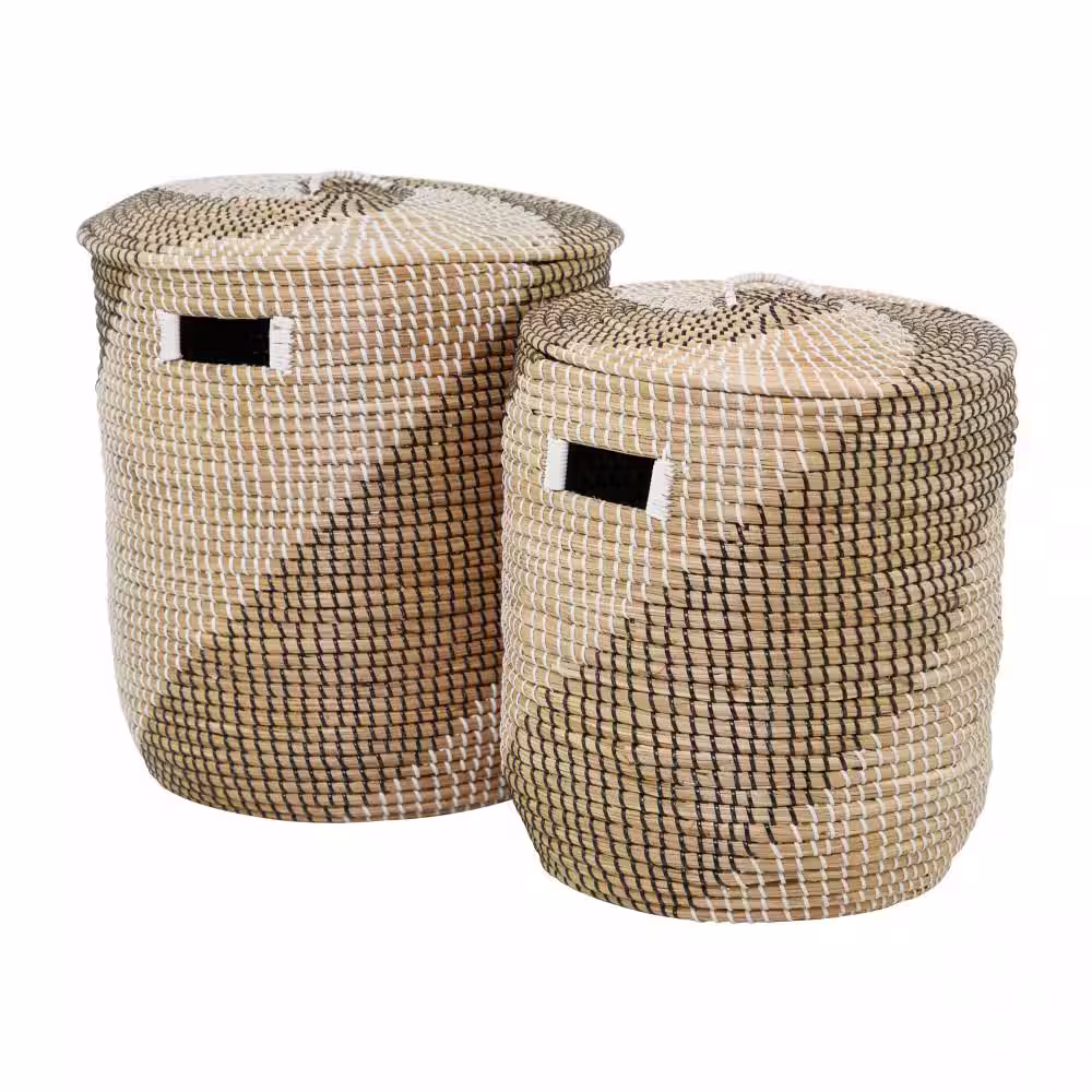 Litton Lane Seagrass Handmade Two Toned Storage Basket with Matching Lids (Set of 2)
