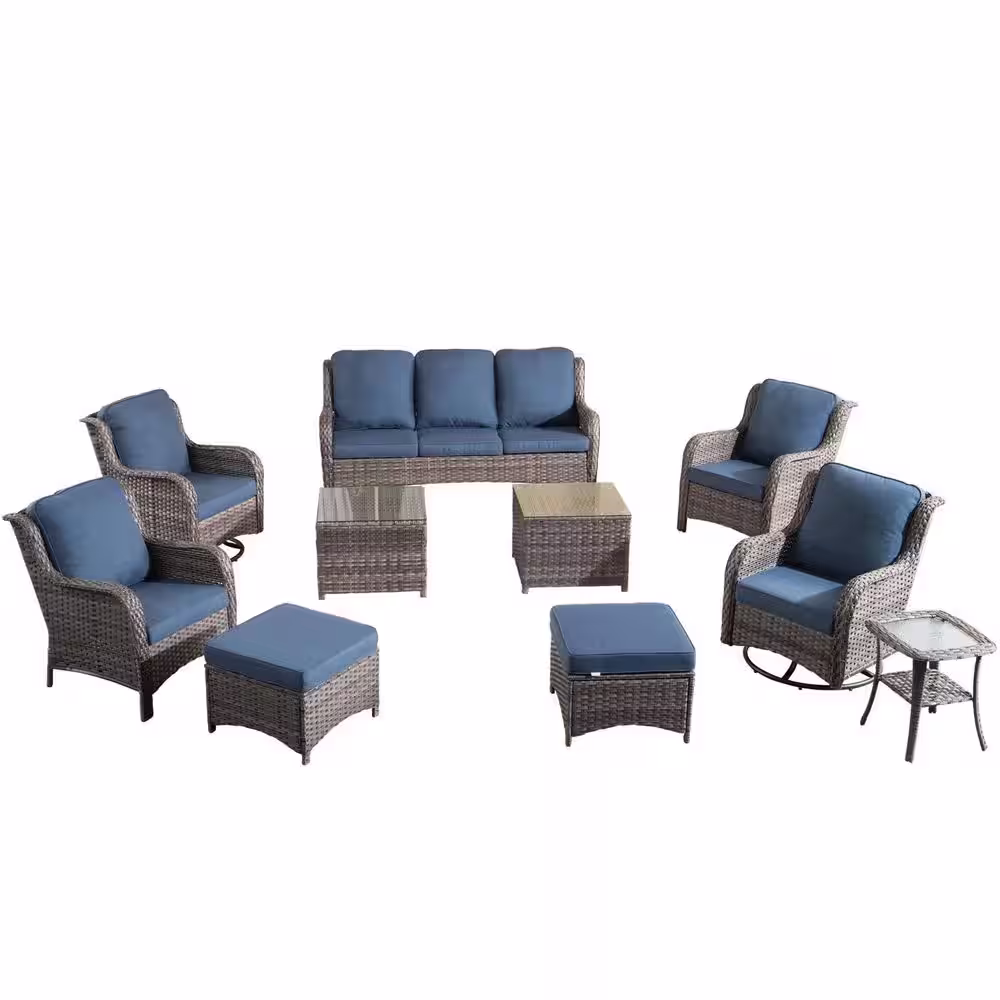 OVIOS New Kenard Gray 10-Piece Wicker Patio Conversation Set with Denim Blue Cushions and Swivel Rocking Chairs