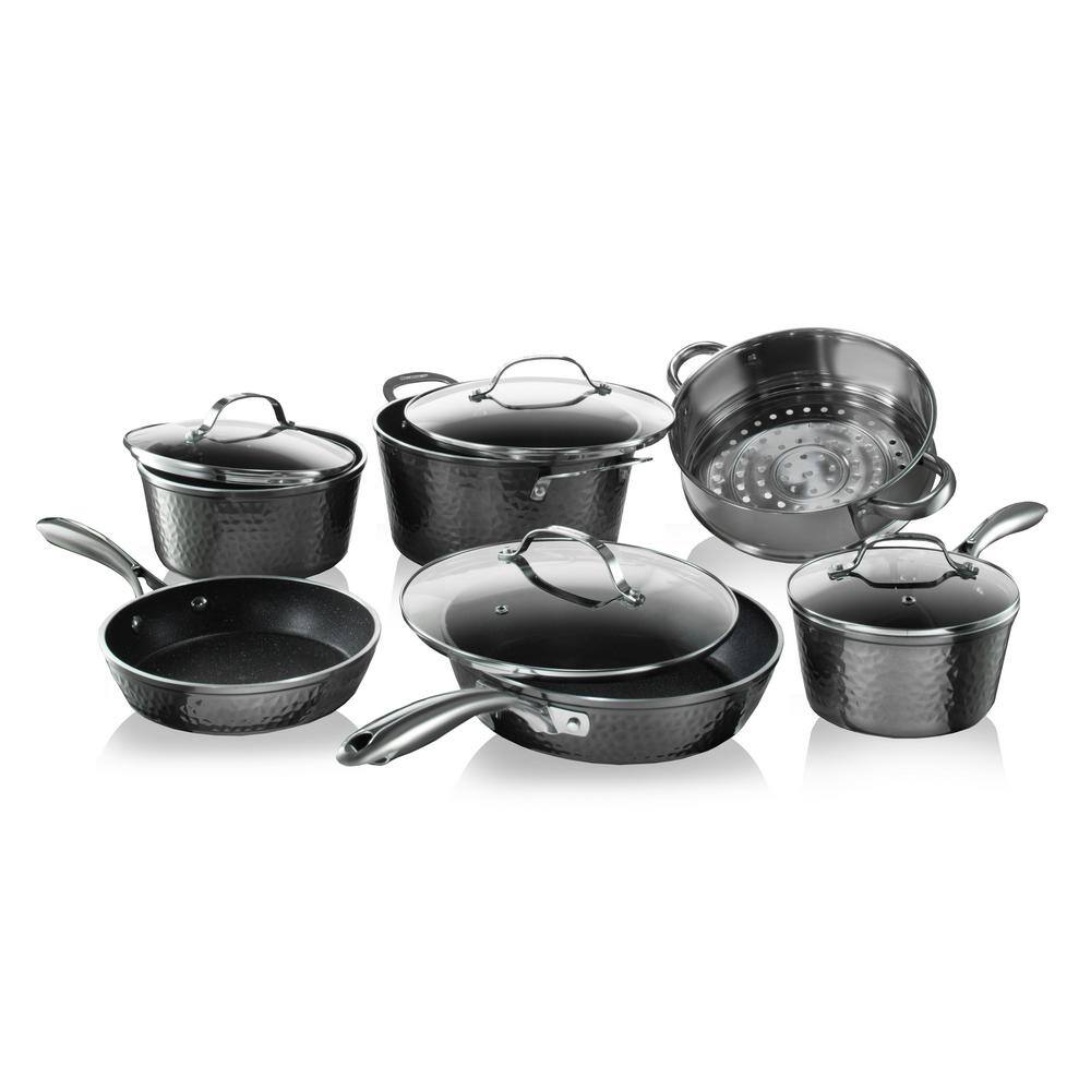 GRANITESTONE 15-Piece Aluminum Hammered Ultra-Durable Non-Stick Diamond Infused Cookware and Bakeware Set in Pewter