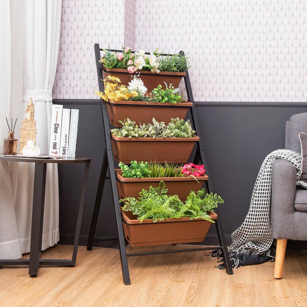 HONEY JOY 5-Tier Vertical Herb Garden Planter Box Outdoor Elevated Raised Bed Brown