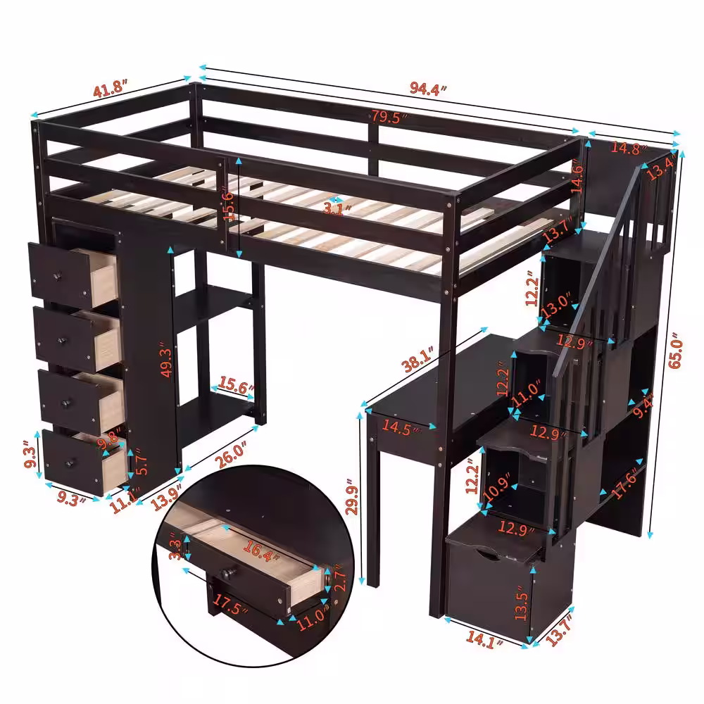 Harper & Bright Designs Espresso Twin Wooden Loft Bed with Shelves, 6-Drawers, Desk and Storage Staircases