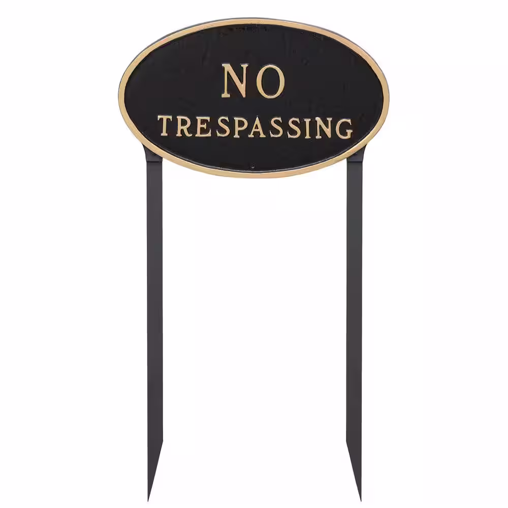 Montague Metal Products 10 in. x 18 in. Large Oval No Trespassing Statement Plaque Sign with 23 in. Lawn Stakes, Black with Gold Lettering