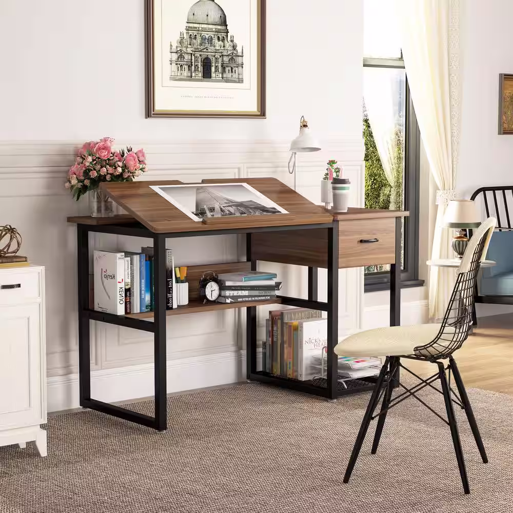 None 47 in. Retangular Particle Board Brown 1-Drawer Drafting Writing Desk with Shelves and Tiltable Tabletop Drawing Table