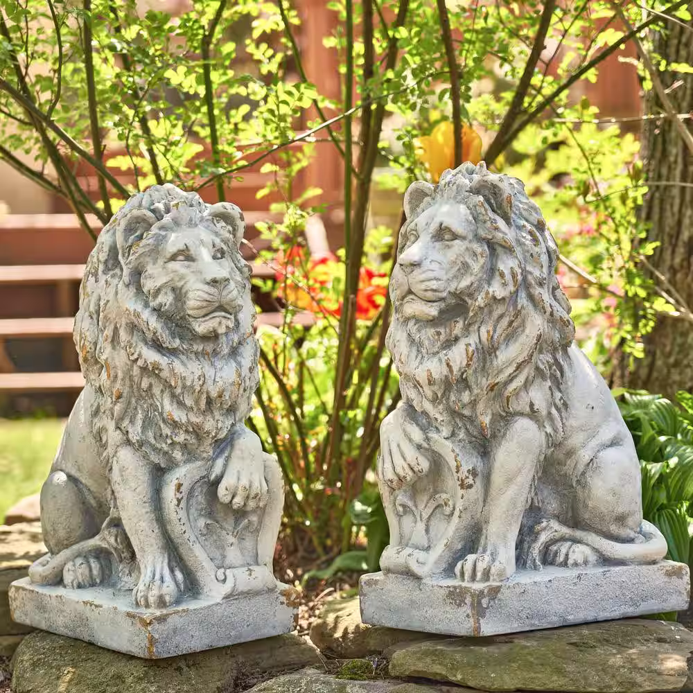 Zaer Ltd. International 21 in. Tall Grey Magnesium Lion Sentry Garden Statues with Fleur-De-Lis Harold and Leo (Set of 2)
