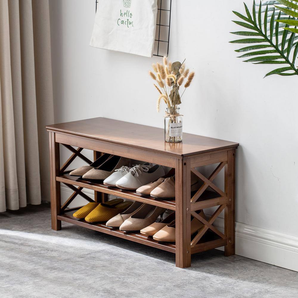 None 16.53 in. H 6-Pairs Brown Bamboo 2 Tier Shoe Rack Bench for Entryway Hallway Living Room