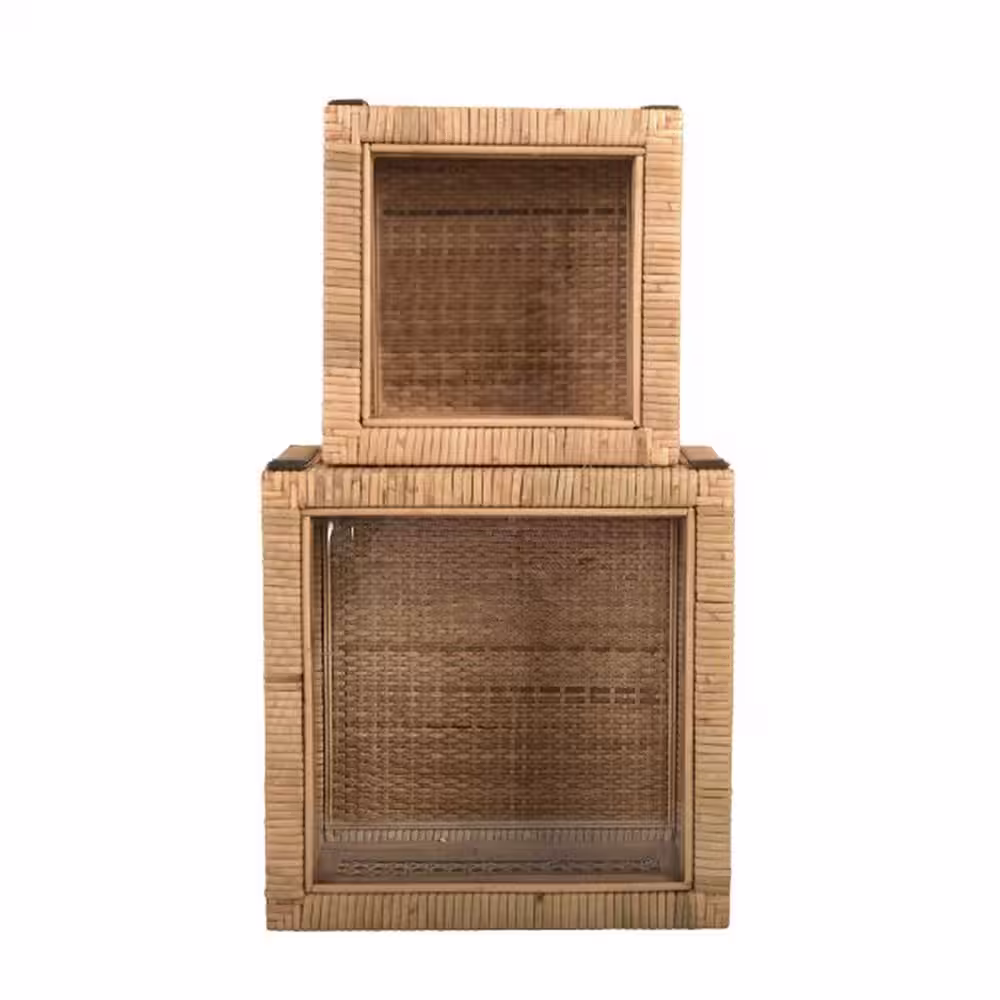 Storied Home Boho Woven Cane and Rattan Display Boxes with Glass Lids in Natural (Set of 2)