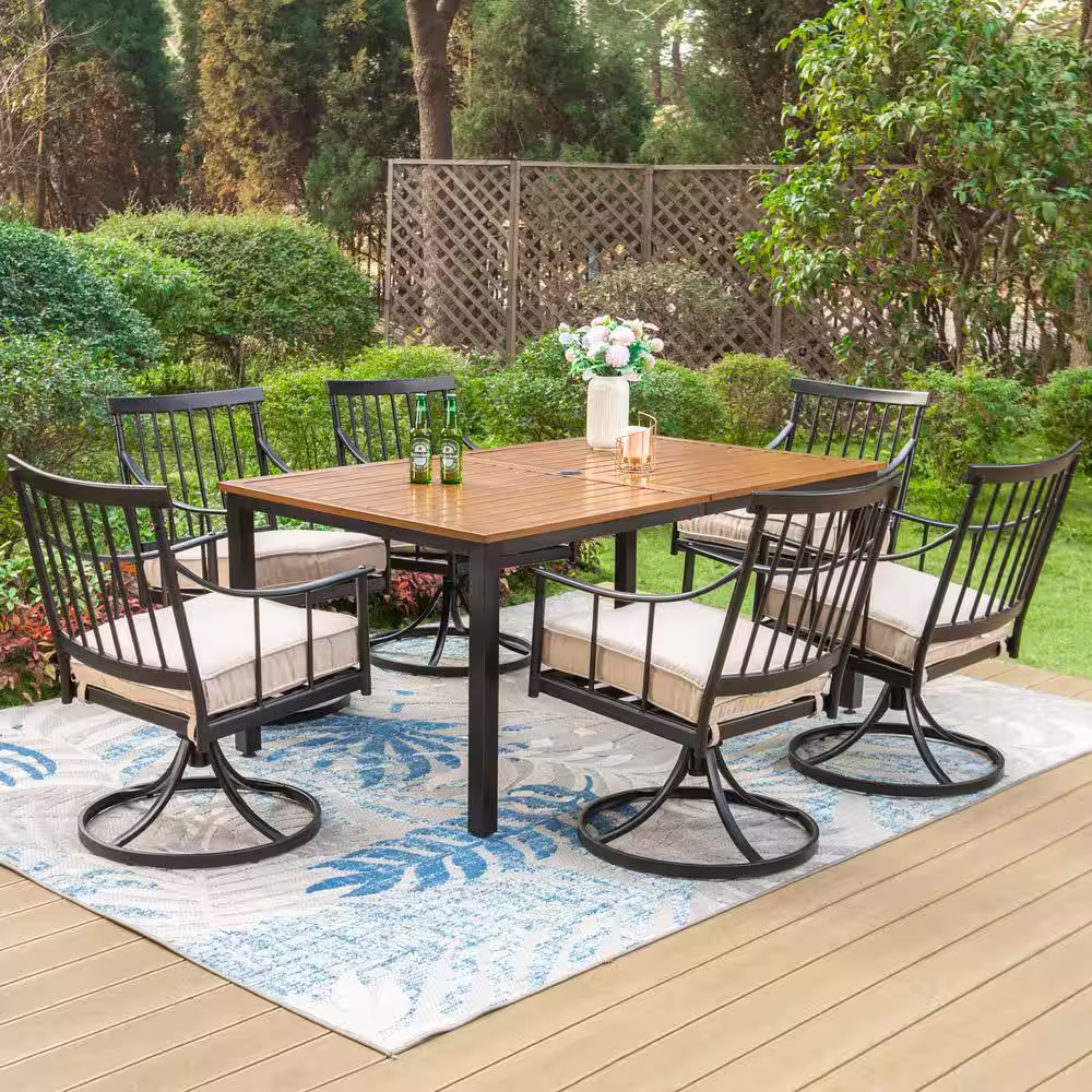None 7-Piece Metal Patio Outdoor Dining Set with Brown Rectangular Table-Top and Swivel Stylish Chairs with Beige Cushion