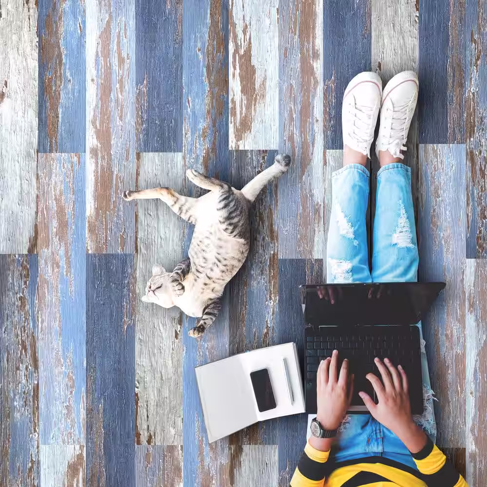 Deco Products COLORS Glue Down Floor and Wall DIY Old Blue Sea Aged 6 in. x 36 in. Multi-Tonal Luxury Vinyl Plank (30 sq. ft./case)