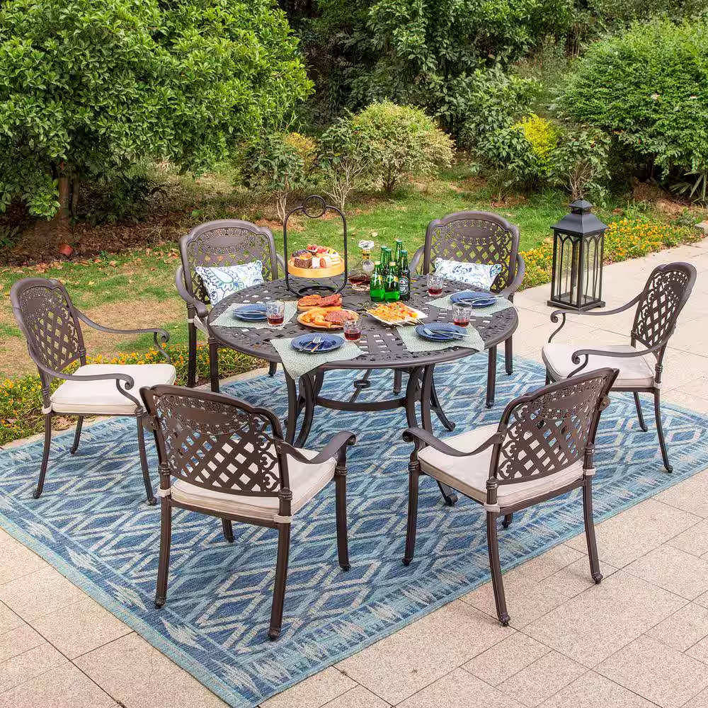 None Brown 7-Piece Cast Aluminum Patio Outdoor Dining Set with Round Table and Arm Chairs with Beige Cushion