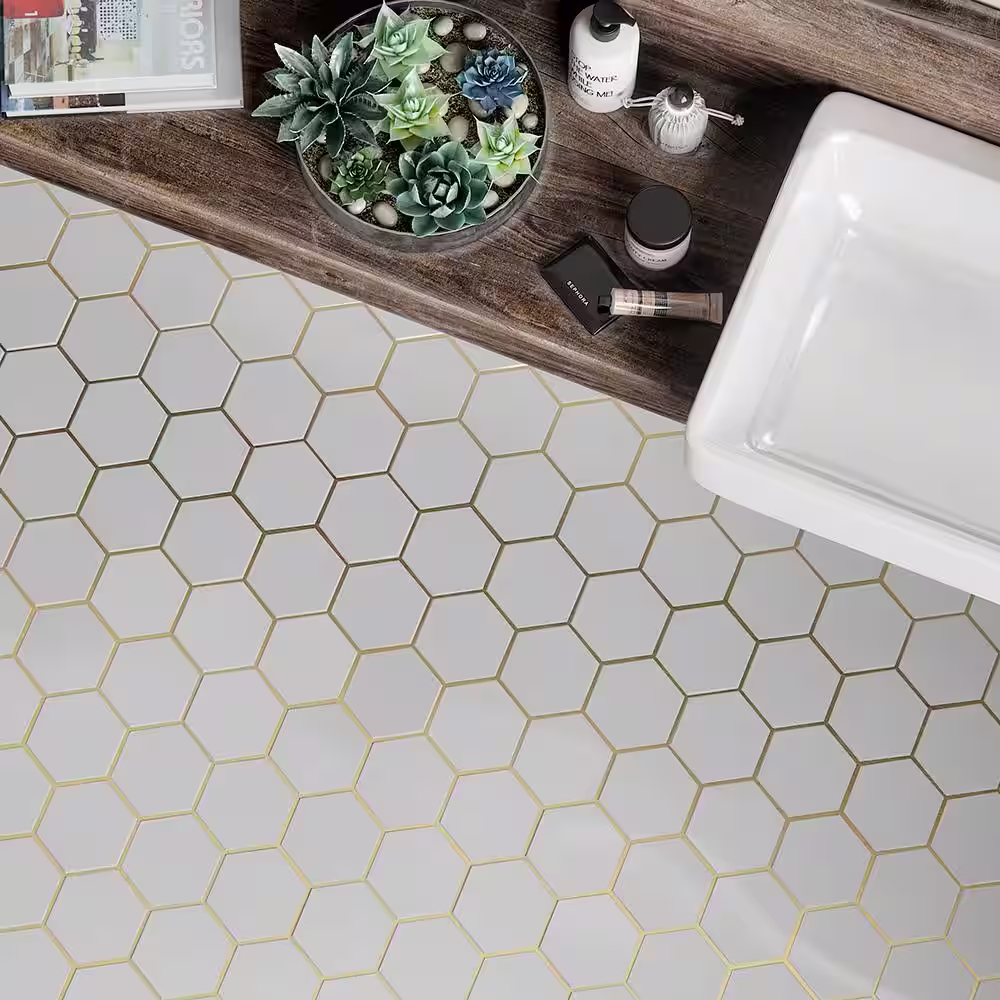Jeffrey Court Laurel Brass White 8.5 in. x 14.875 in. Hexagon Honed Marble/Gold Metal Wall and Floor Mosaic Tile (8.78 sq. ft./Case)