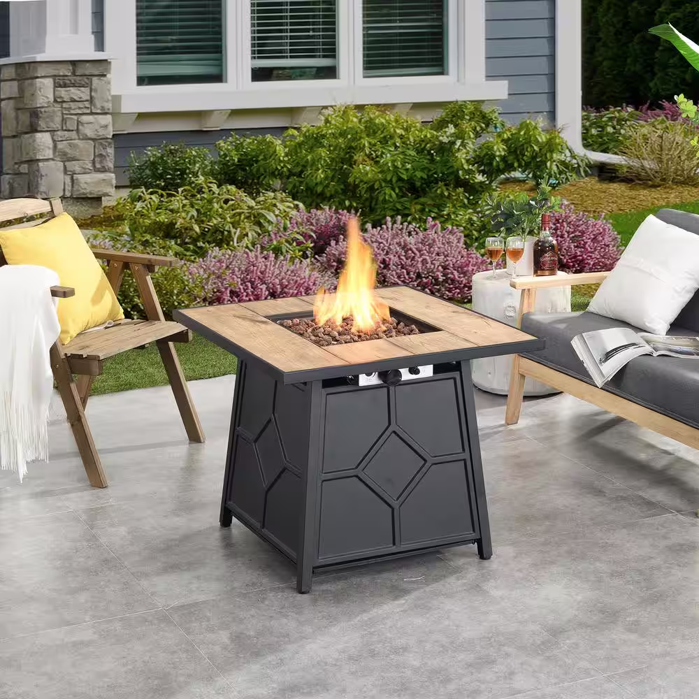 Kadehome 25 in. Outdoor Black Frame Square 40000 BTU Auto-Ignition Propane Fire Pit Table in Dark Brown Top with Waterproof Cover