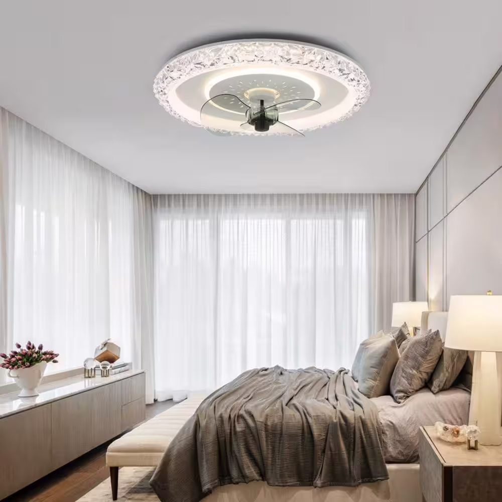 None 20 in. LED Indoor White Glam Crystal Low Profile Ceiling Fan with Light, 6- Speed Flush Mount Ceiling Fan with Remote