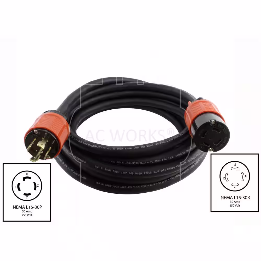AC WORKS 50 ft. SOOW 10/4 NEMA L15-30 30 Amp 3-Phase 250-Volt Industrial Rubber Extension Cord